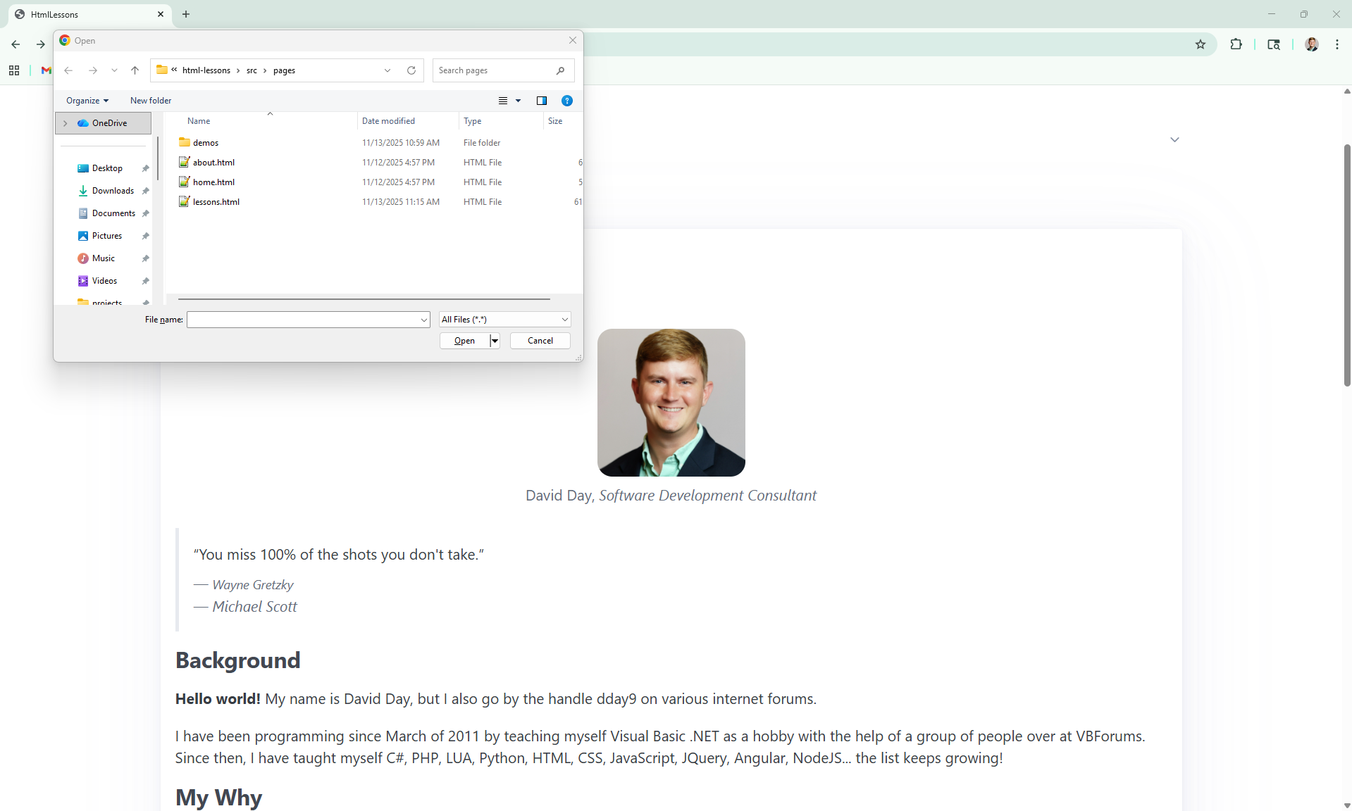 Screenshot of opening an HTML file from the web browser.